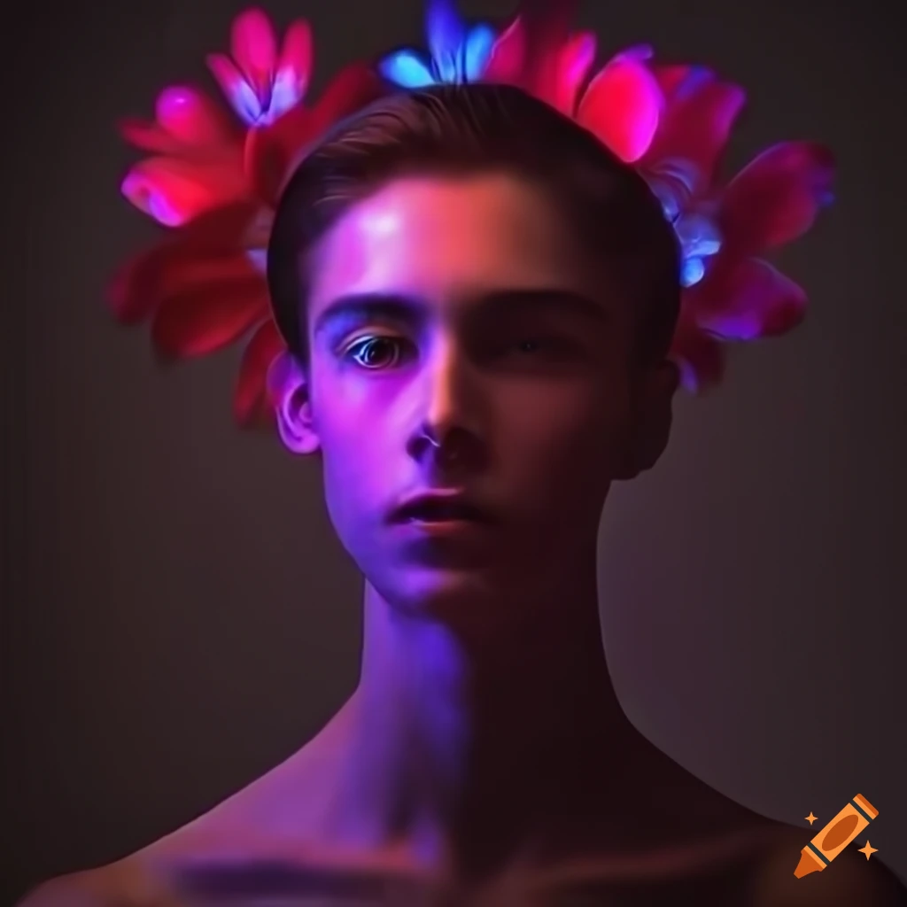 Surreal image of a handsome young man surrounded by glowing psychedelic flowers