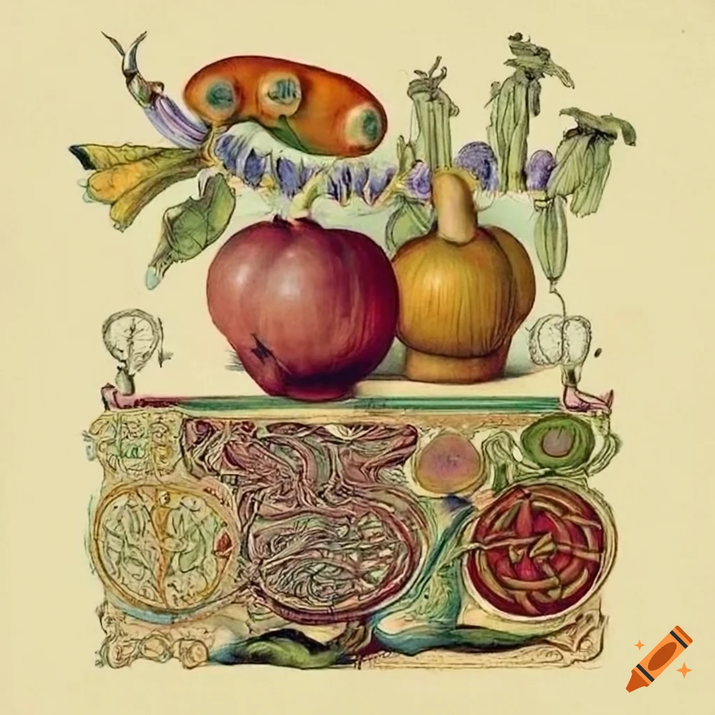 Scientific illustration of fruit and vegetable anatomy with Celtic and totemic designs