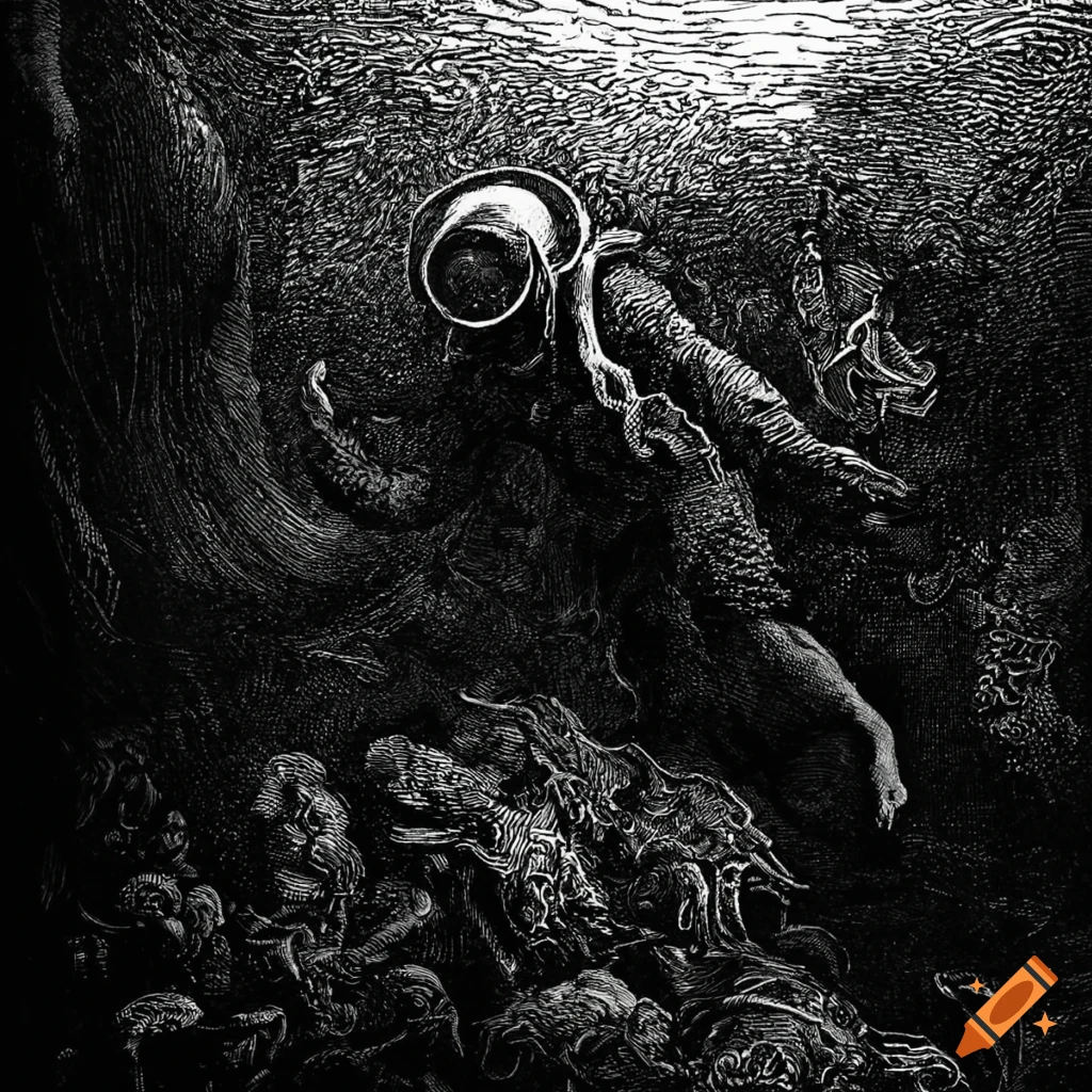 Heavy diver on the sea floor in gustave dore style black and white ink ...