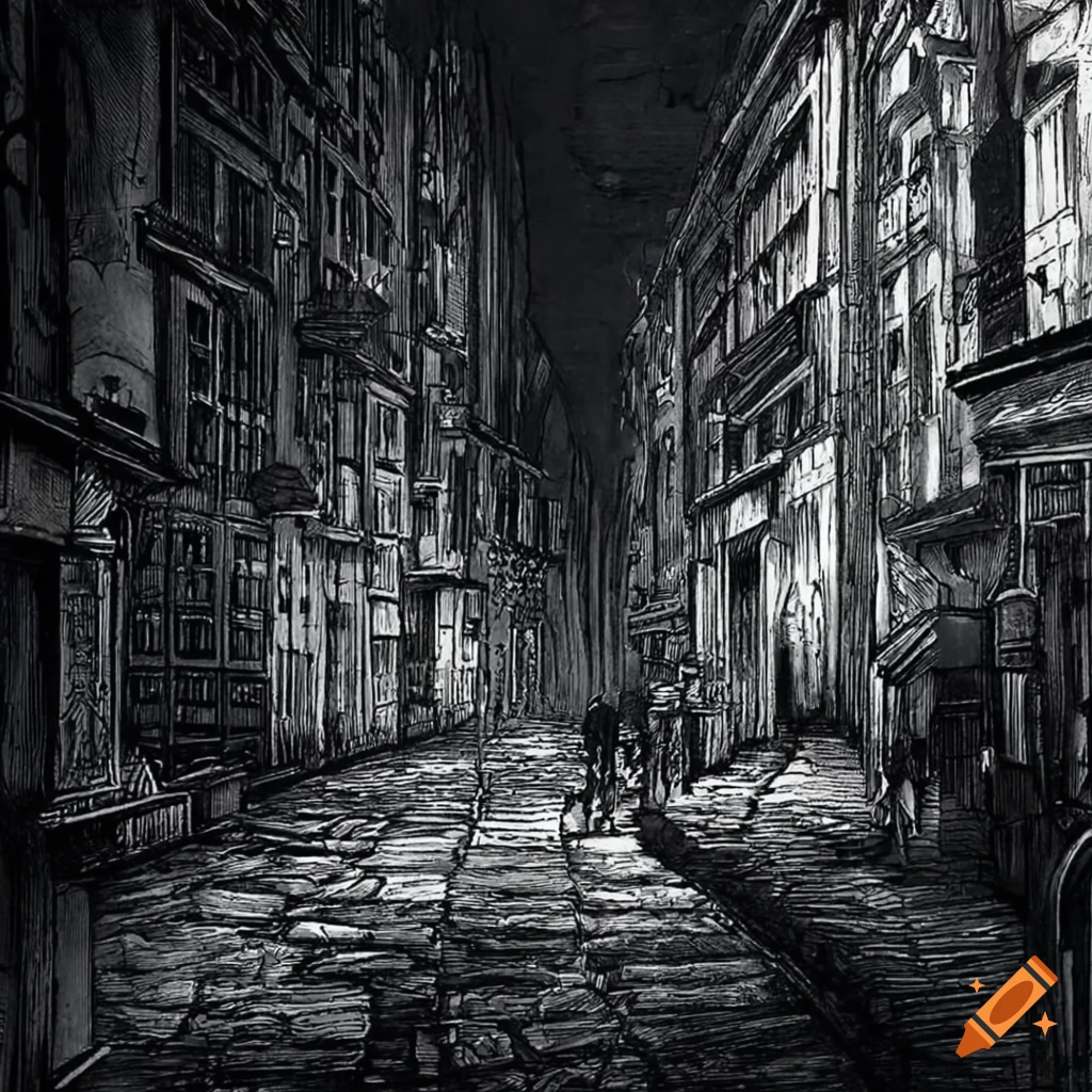 Cross hatching cobblestone streets in a haunted industrial revolution city