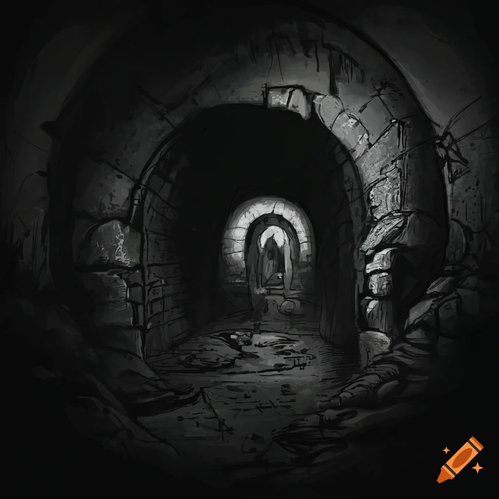 Black and white ink illustration of a dimly lit sewer tunnel with peasants being chased and a garbage pile