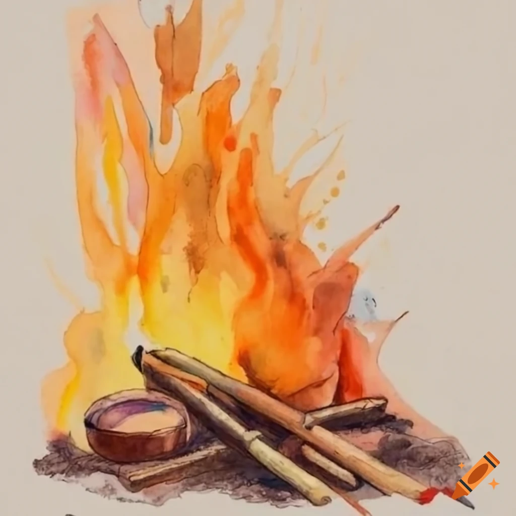 Stone age method of making fire with sticks in watercolor on Craiyon