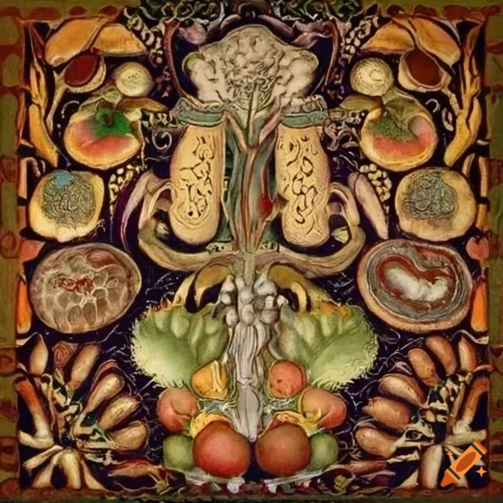 Scientific illustration of fruit and vegetable anatomy with Celtic and totemic designs