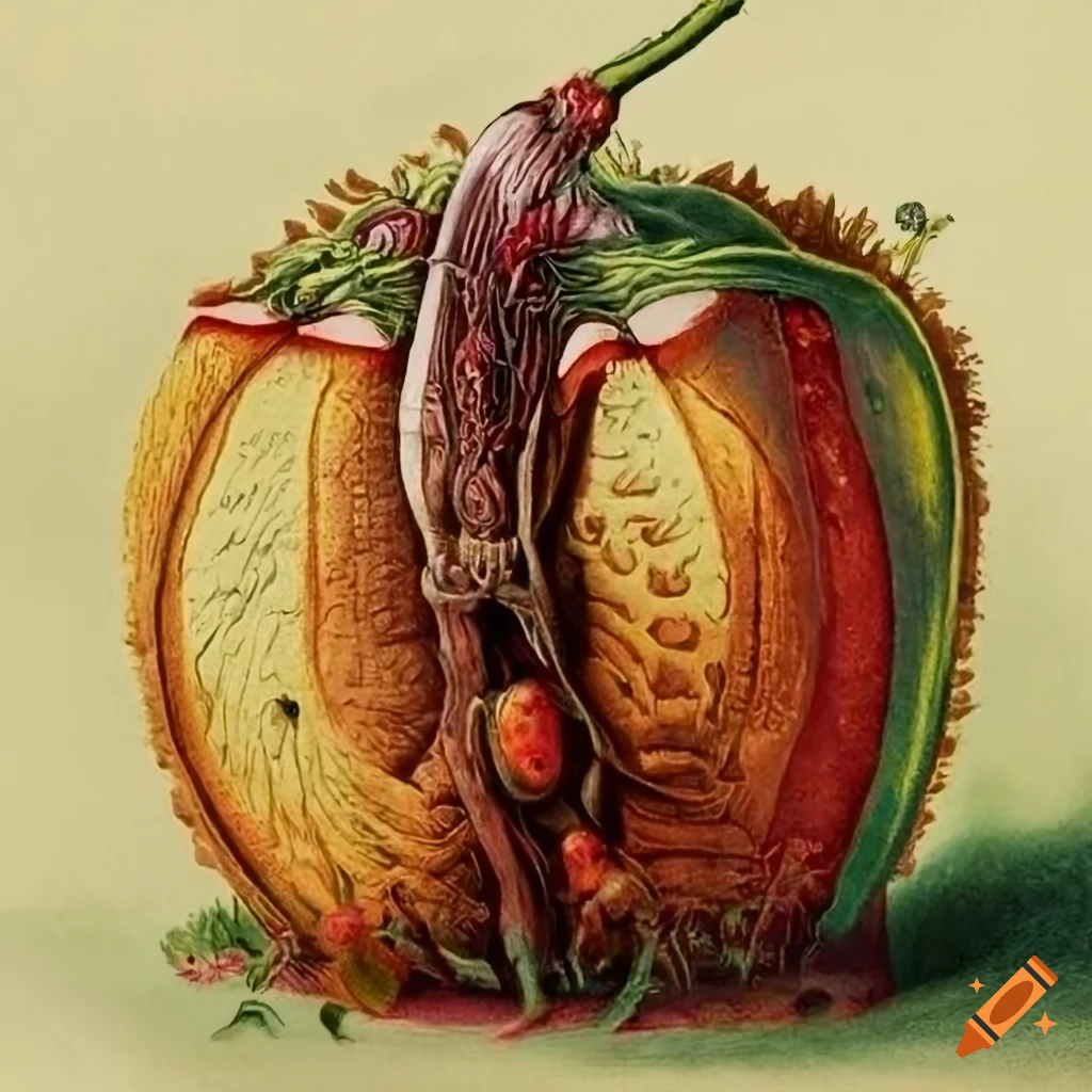Scientific illustration of fruit and vegetable anatomy with Celtic patterns and totemic designs