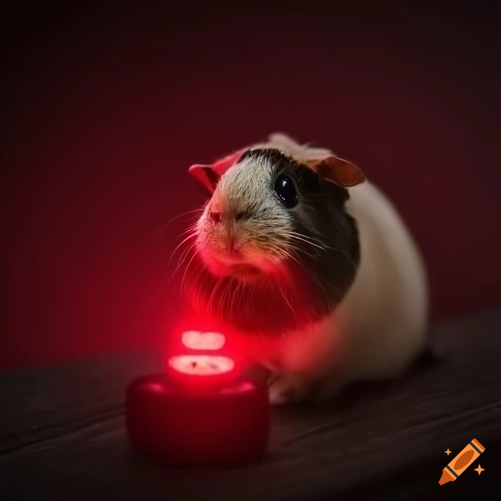 Guinea pig sitting on a red button in a mysterious setting