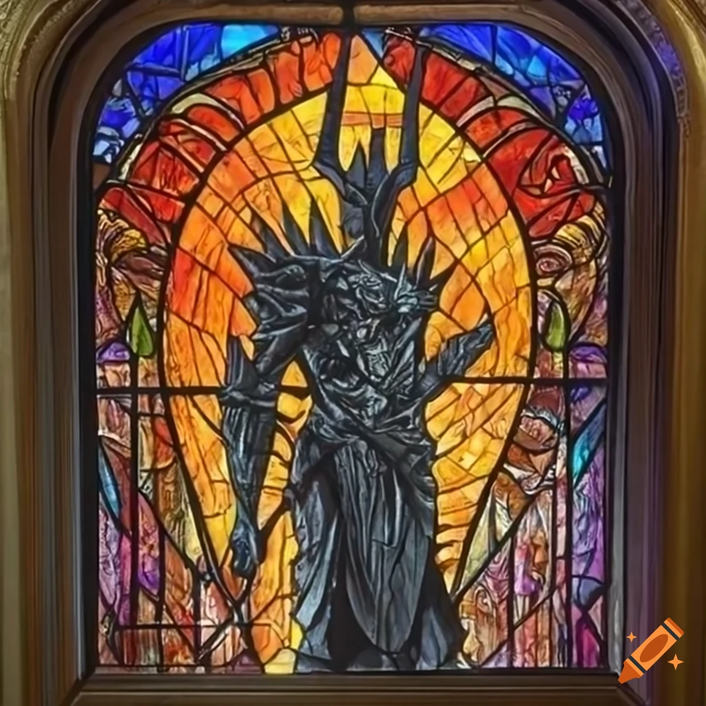 Sauron depicted in stained glass artwork with a halo