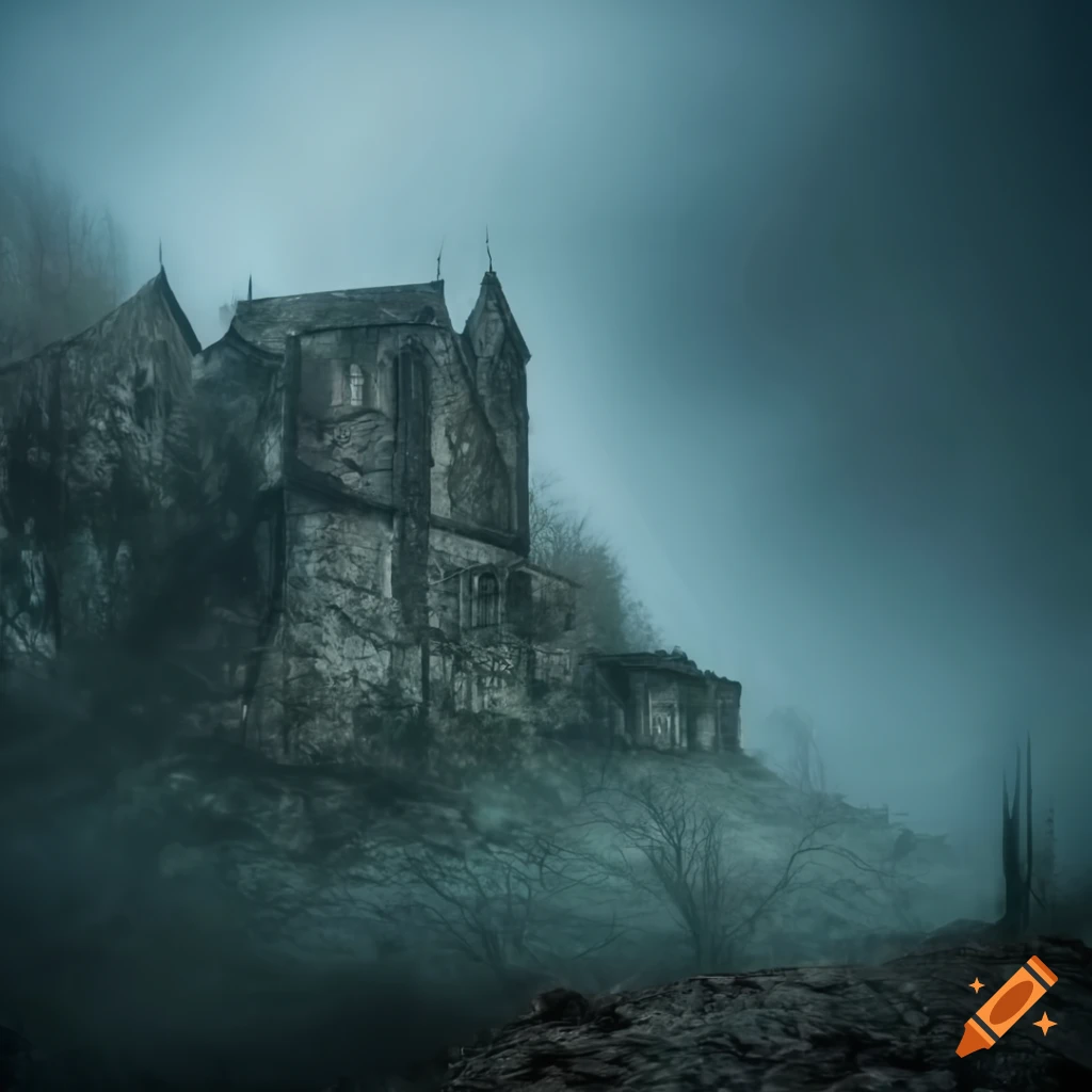 Creepy ruins of a forgotten 3-story gothic hospital on rocky cliffs in the mist