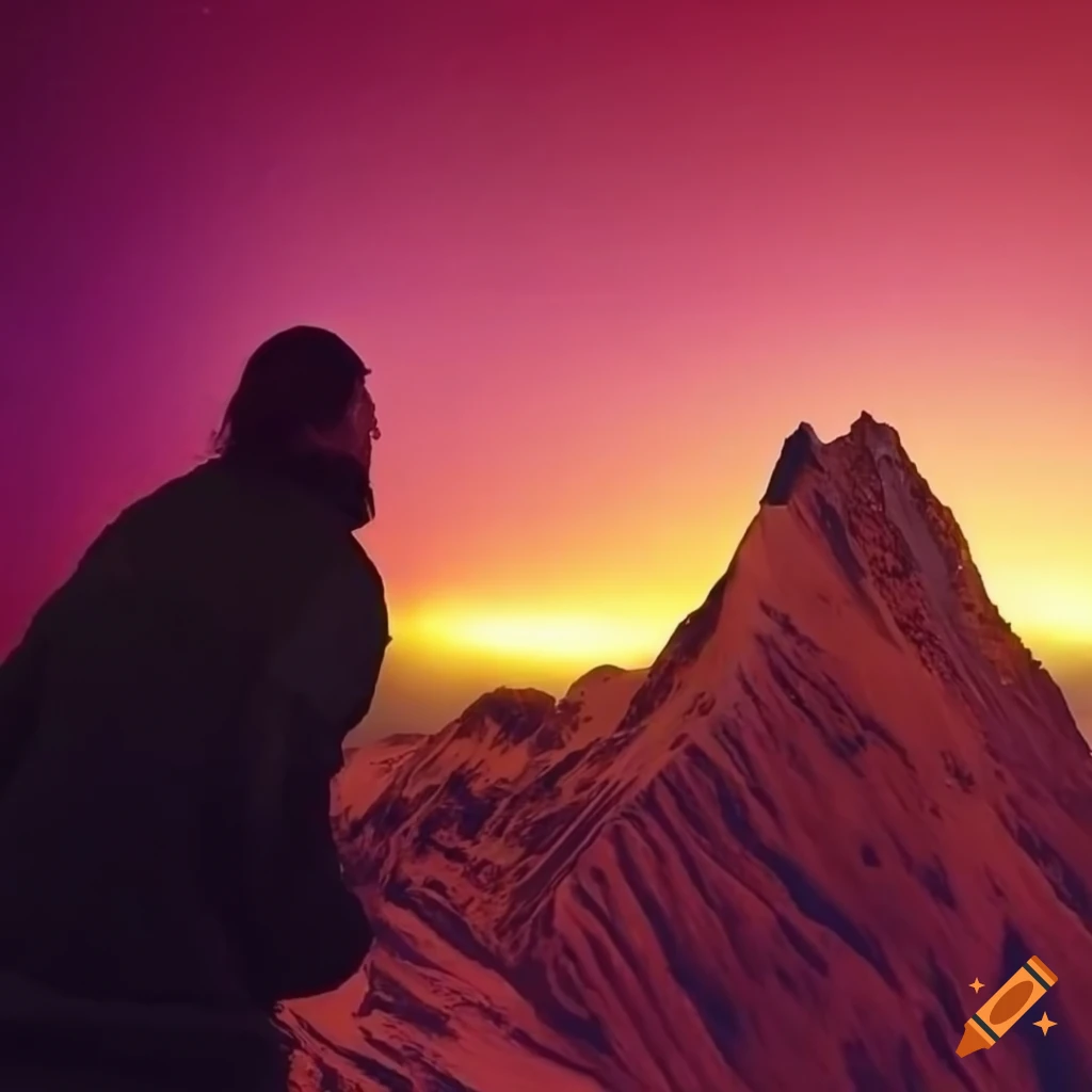 Native man reaching for the aurora from a mountain peak