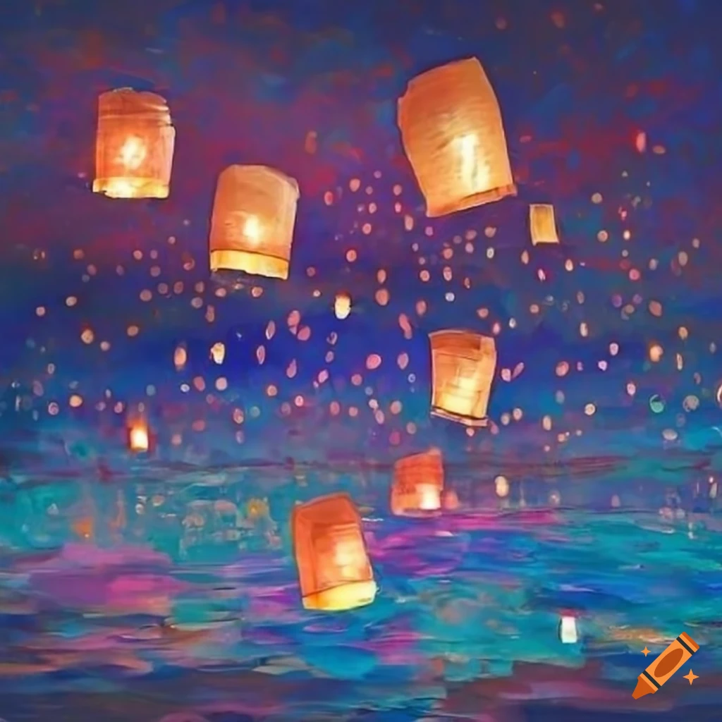 Thousands of floating lanterns in a sparkling sky in an impressionism