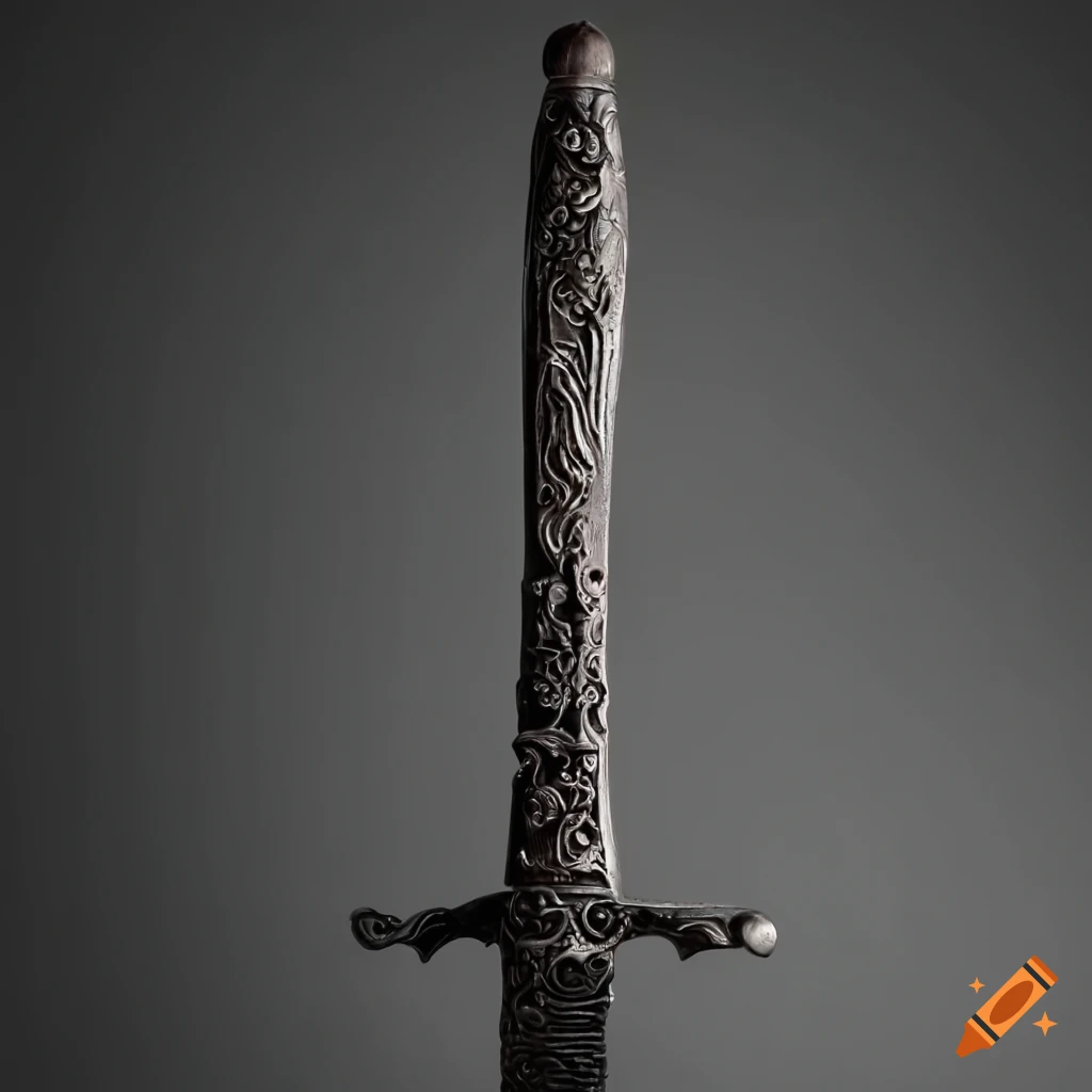 Intricately crafted blackened steel longsword with raven ornaments