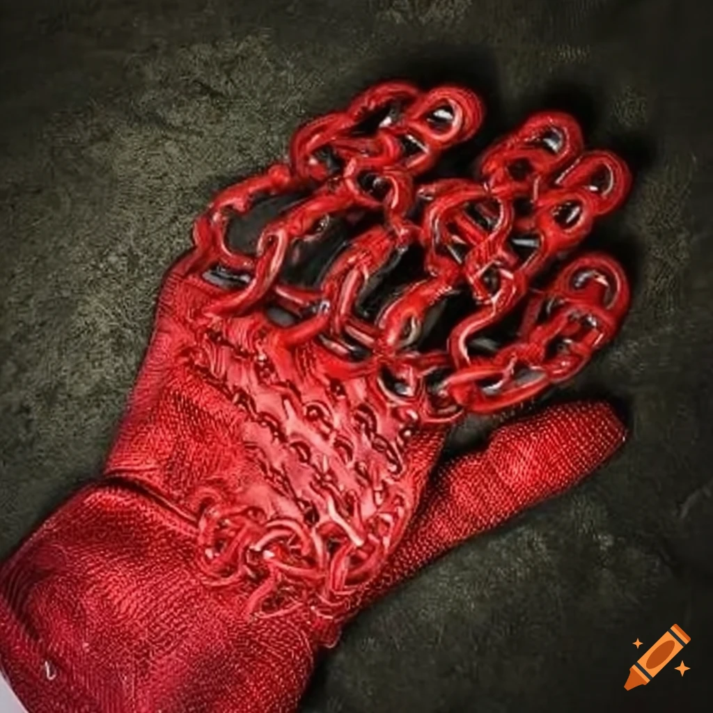 Chainlink gloves made from a strange red metal causing bright sparks on Craiyon