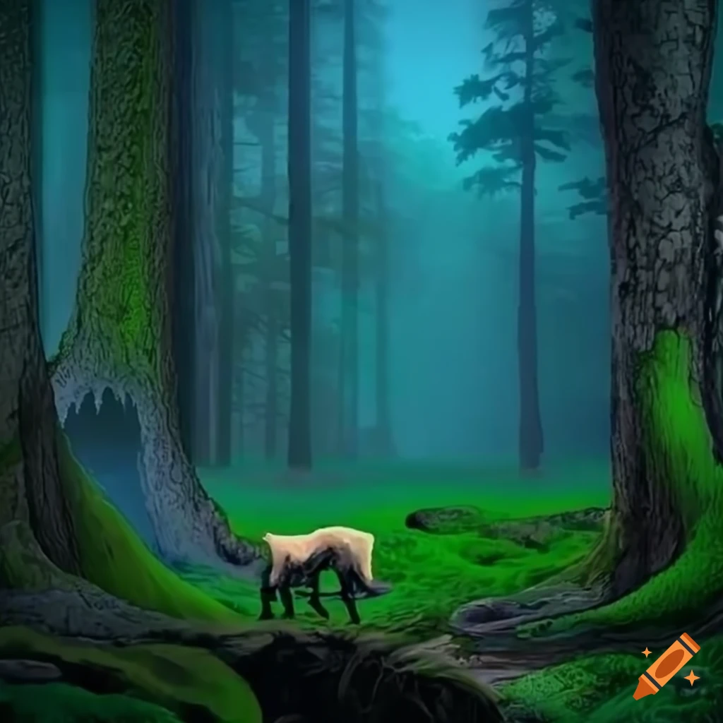 Enchanting forest with a black Labrador retriever under moonlight