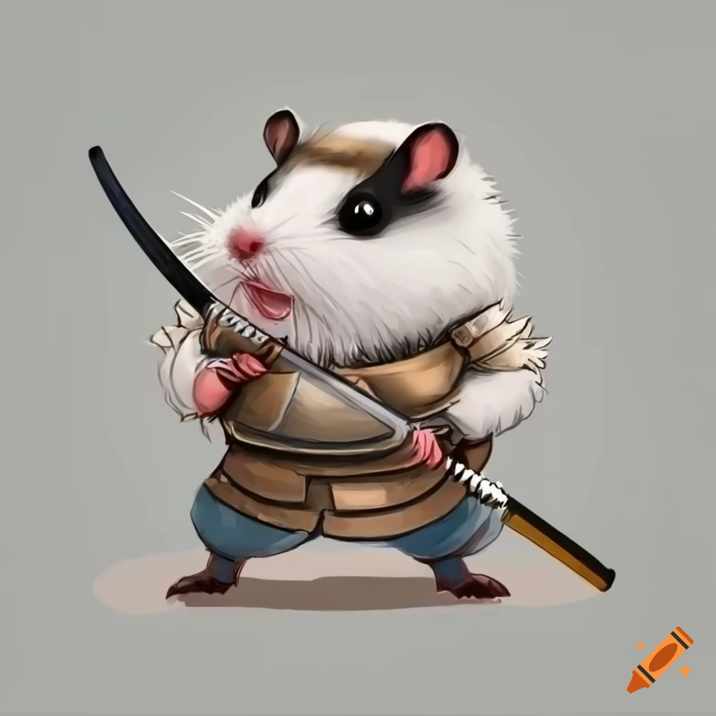 White hamster in armor with katana