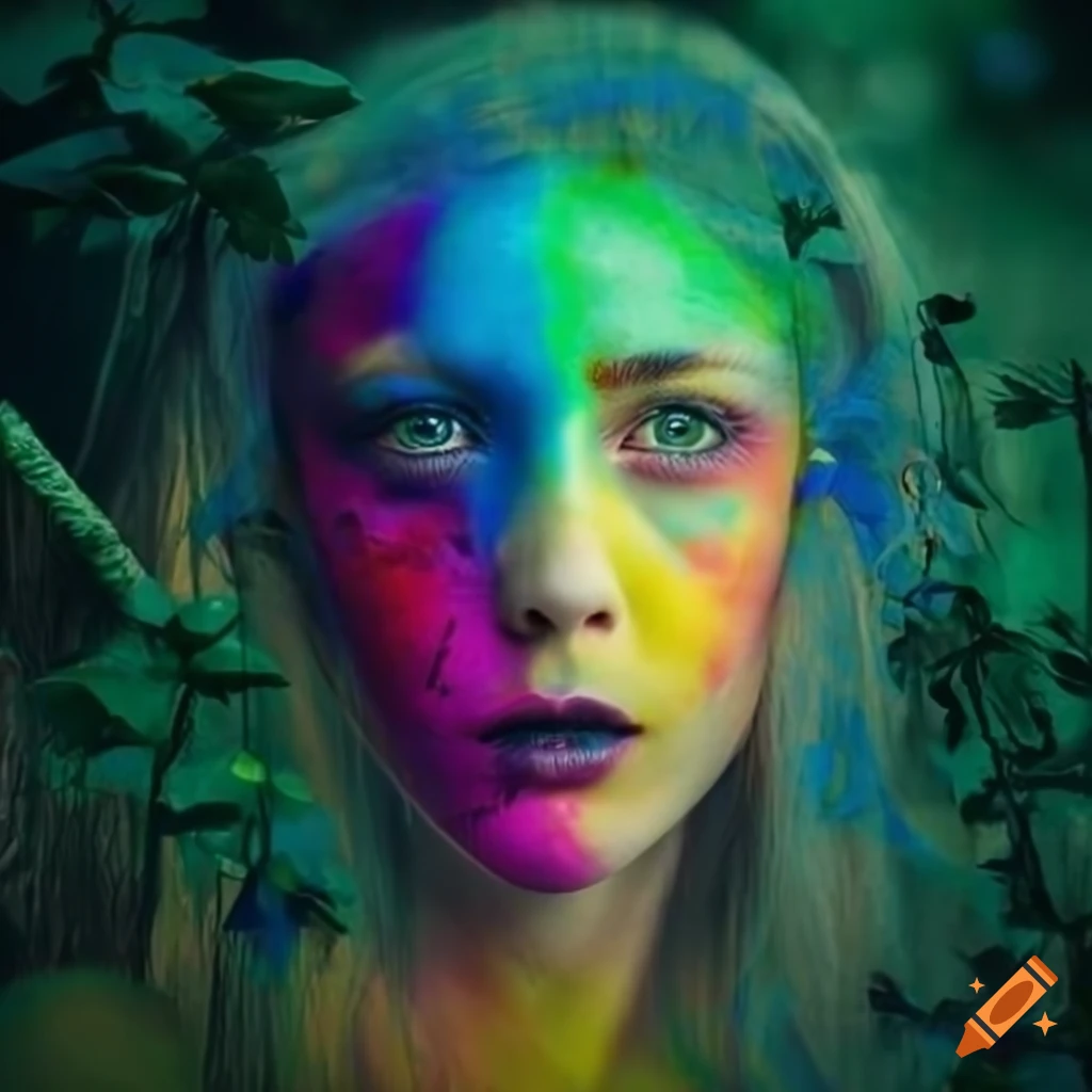 Colorful and surreal woman's face in a gothic forest setting