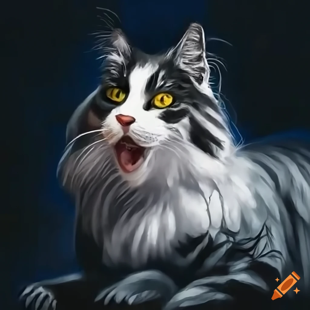 Main coon cat playing with a squirrel on a blue tree