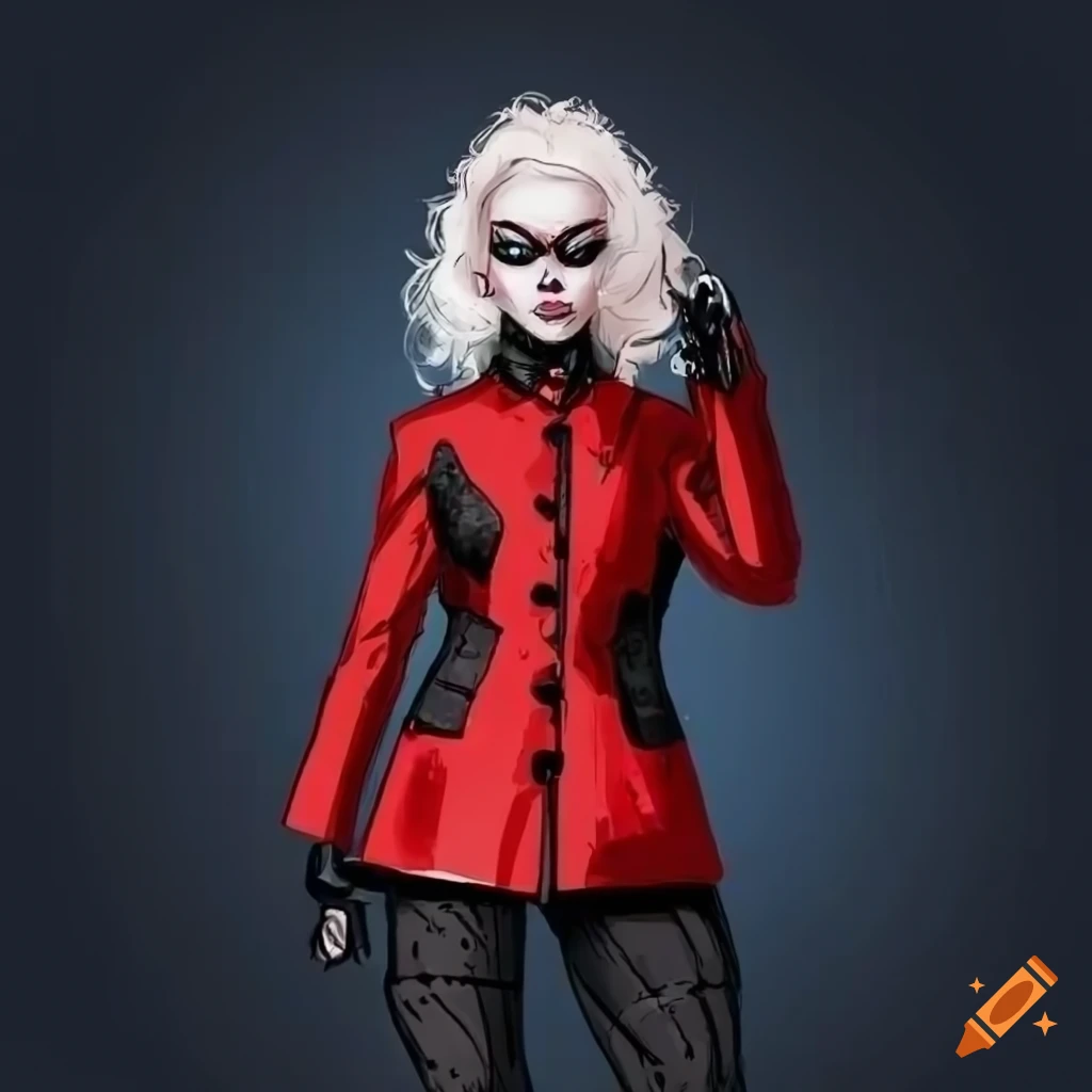 Punk style android madame in black and red coat in comic book art