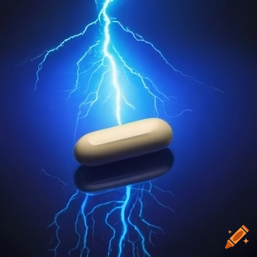 White pill with blue lightning on shaded background