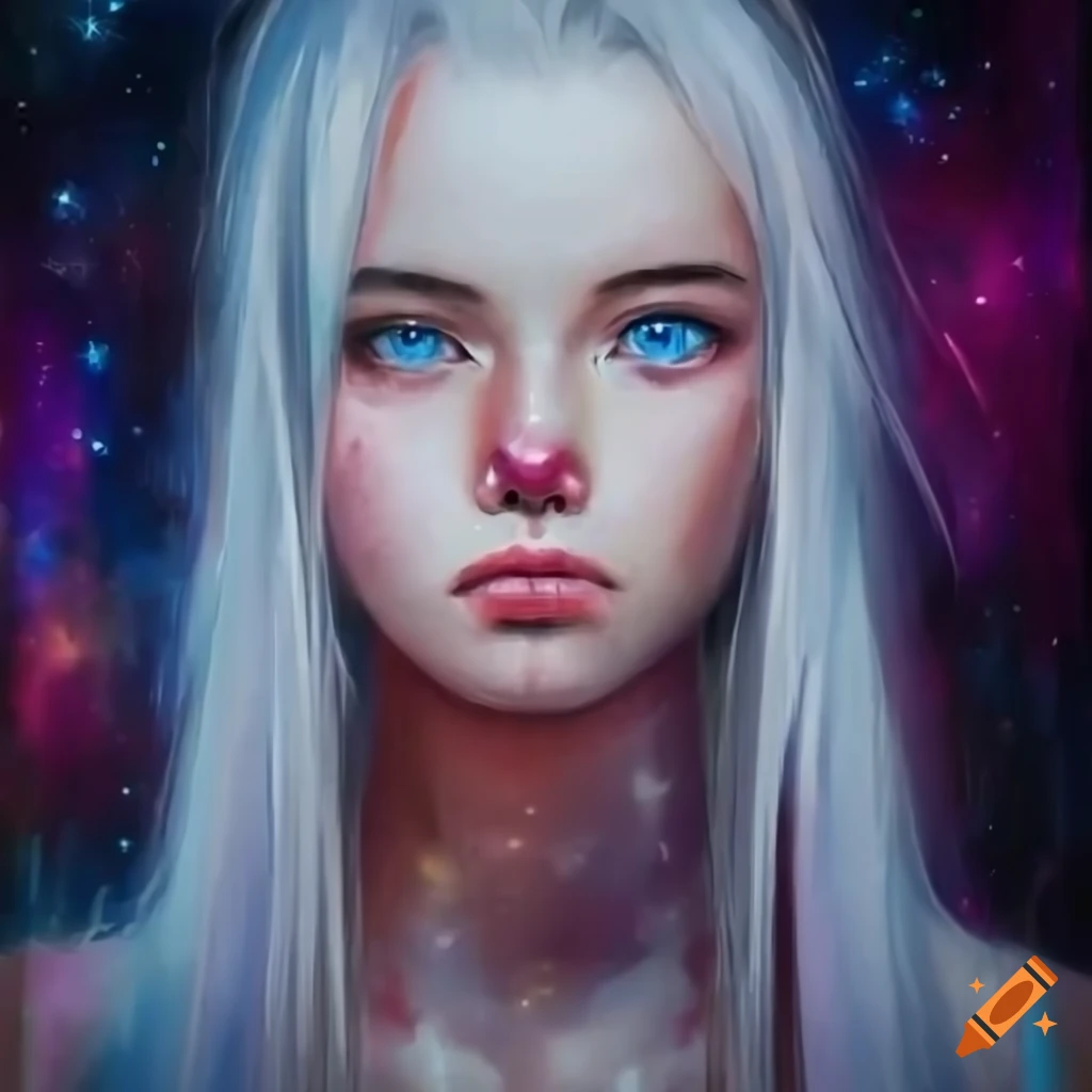 Person with white hair and blue eyes in a front-facing pose