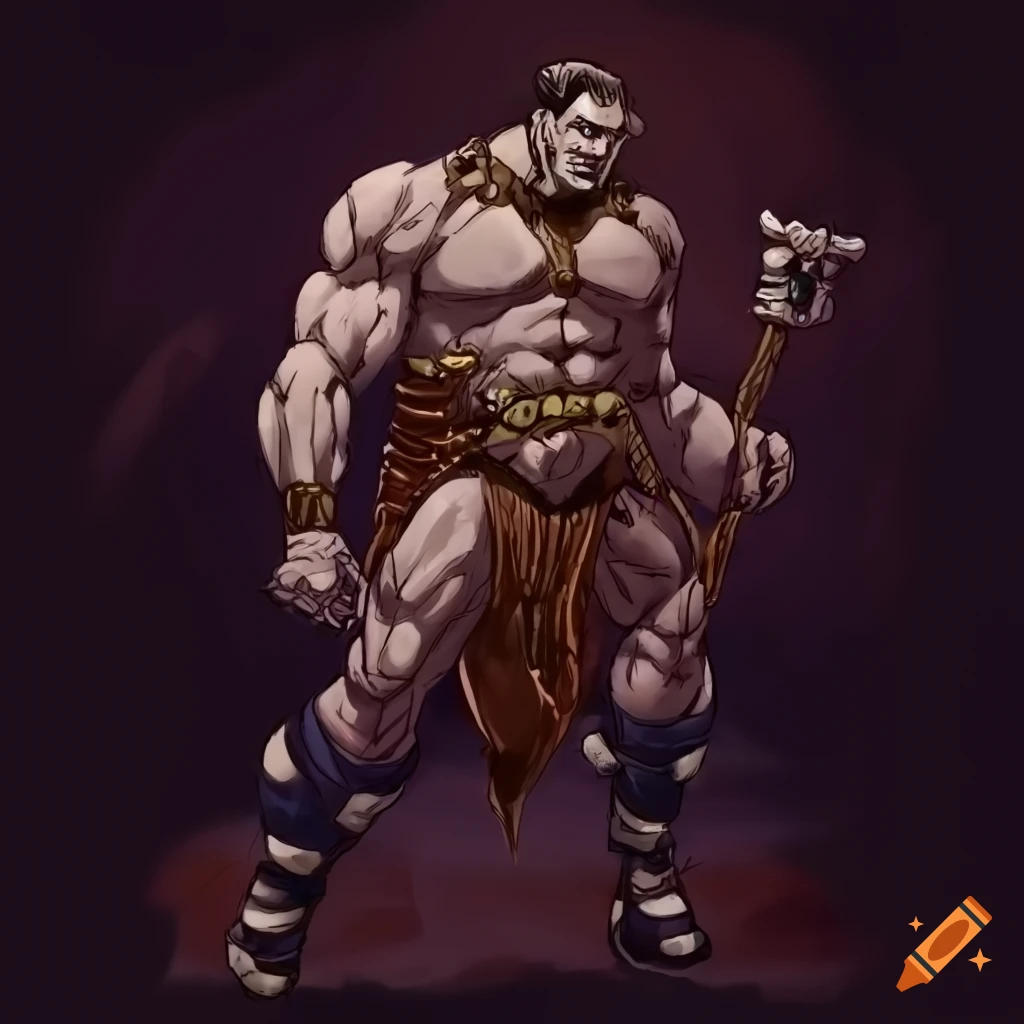 Illustration of a male goliath barbarian in the style of Jojo's Bizarre Adventure