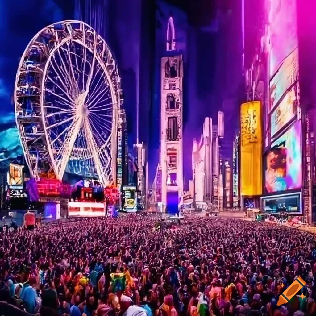 Vibrant music festival in Times Square with a Ferris wheel in the background