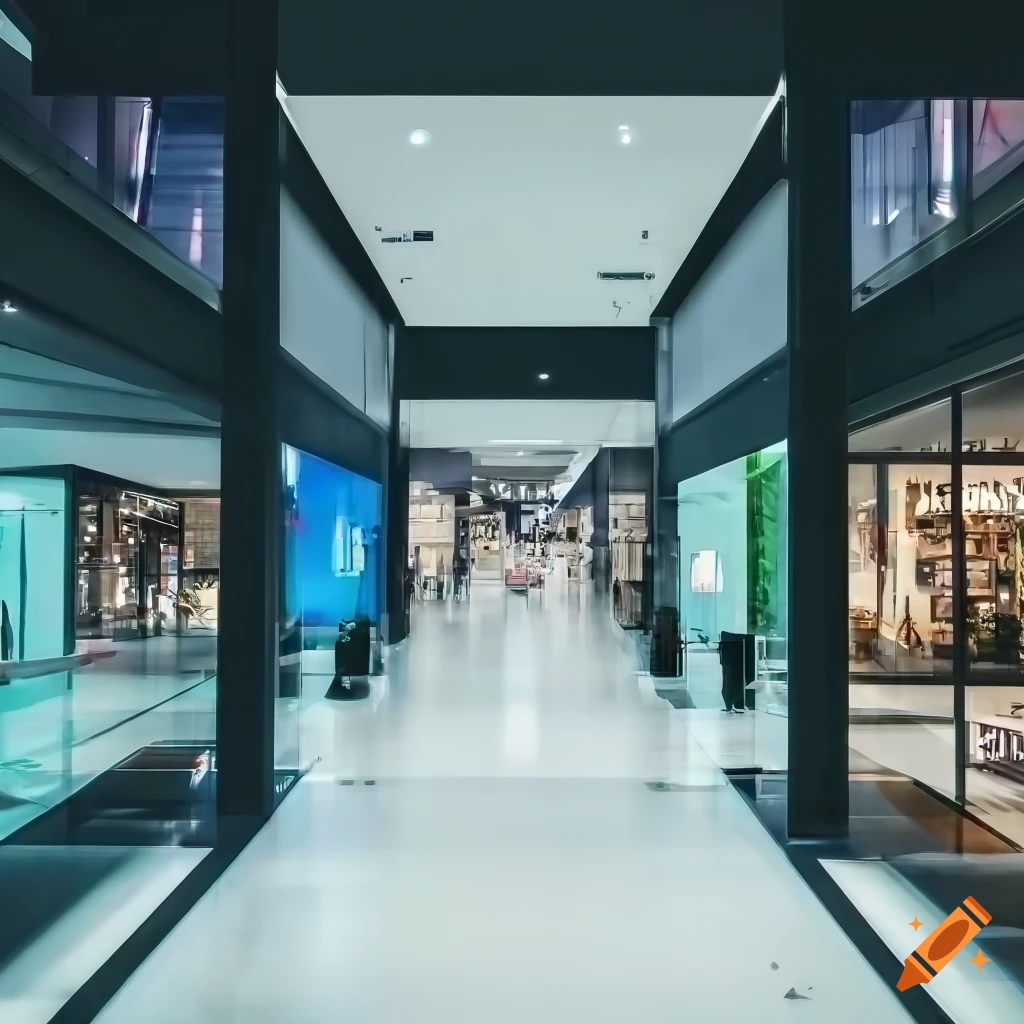 Interior de un centro comercial con estética de espacio liminal en calidad full HD 4K