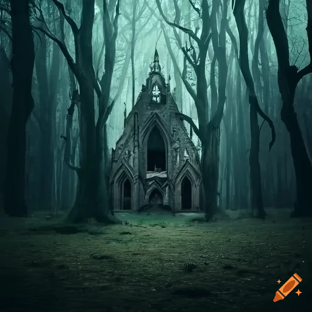 Crumbling abandoned gothic church in the deep woods with dead and drooping trees