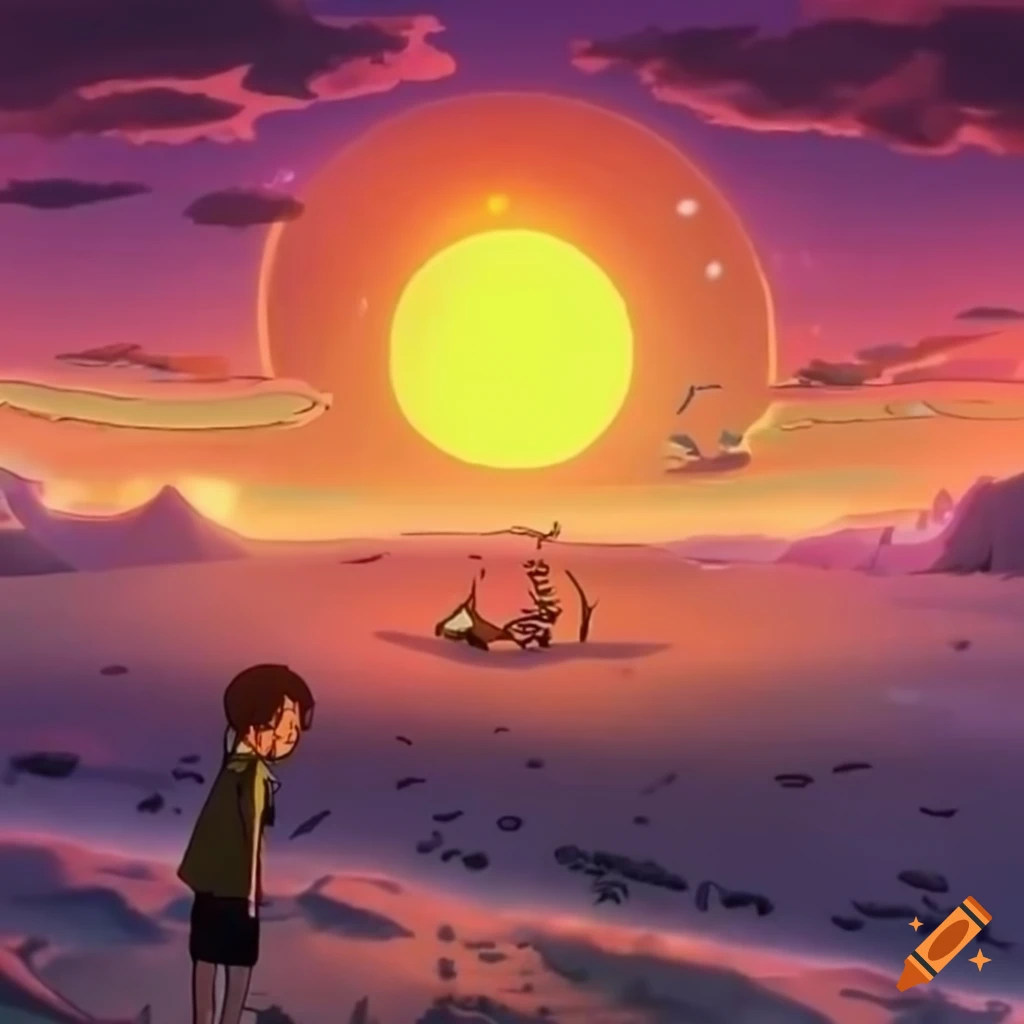 Beautiful sunset over the desert with elements of Rick and Morty