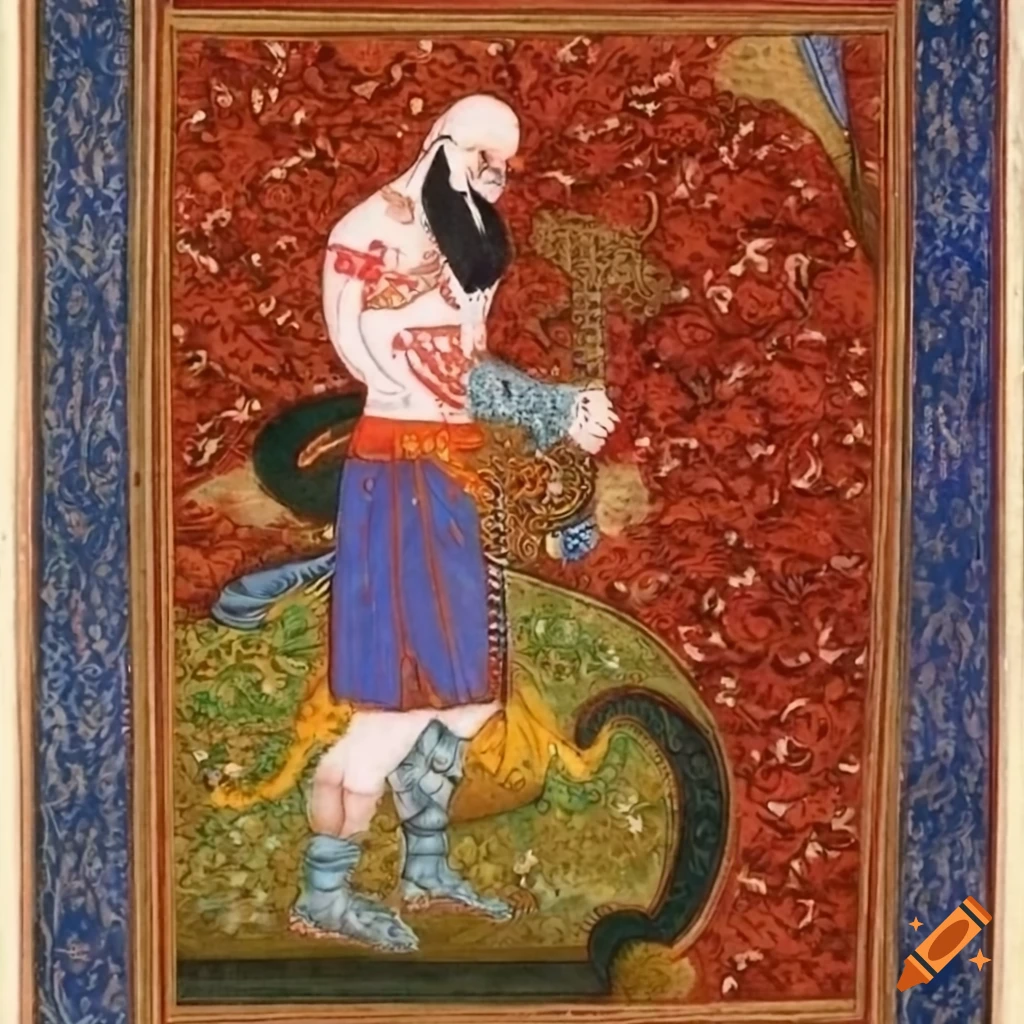 Kratos depicted in a Persian miniature style