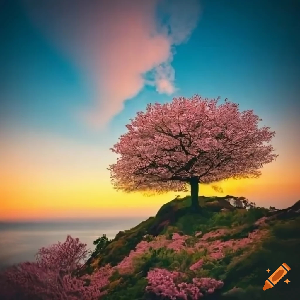 Blooming cherry tree on a cliff overlooking the ocean at sunset on Craiyon