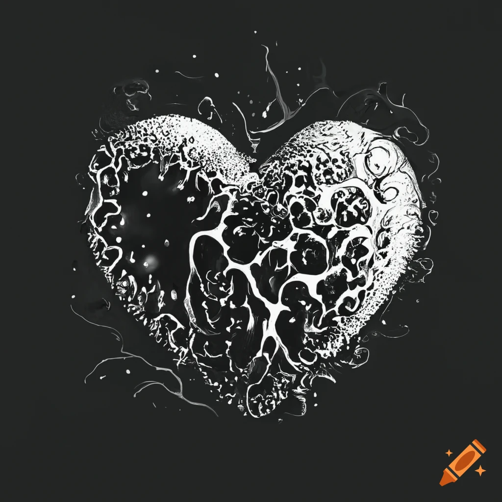 Intricate black and white heart design leaking ink