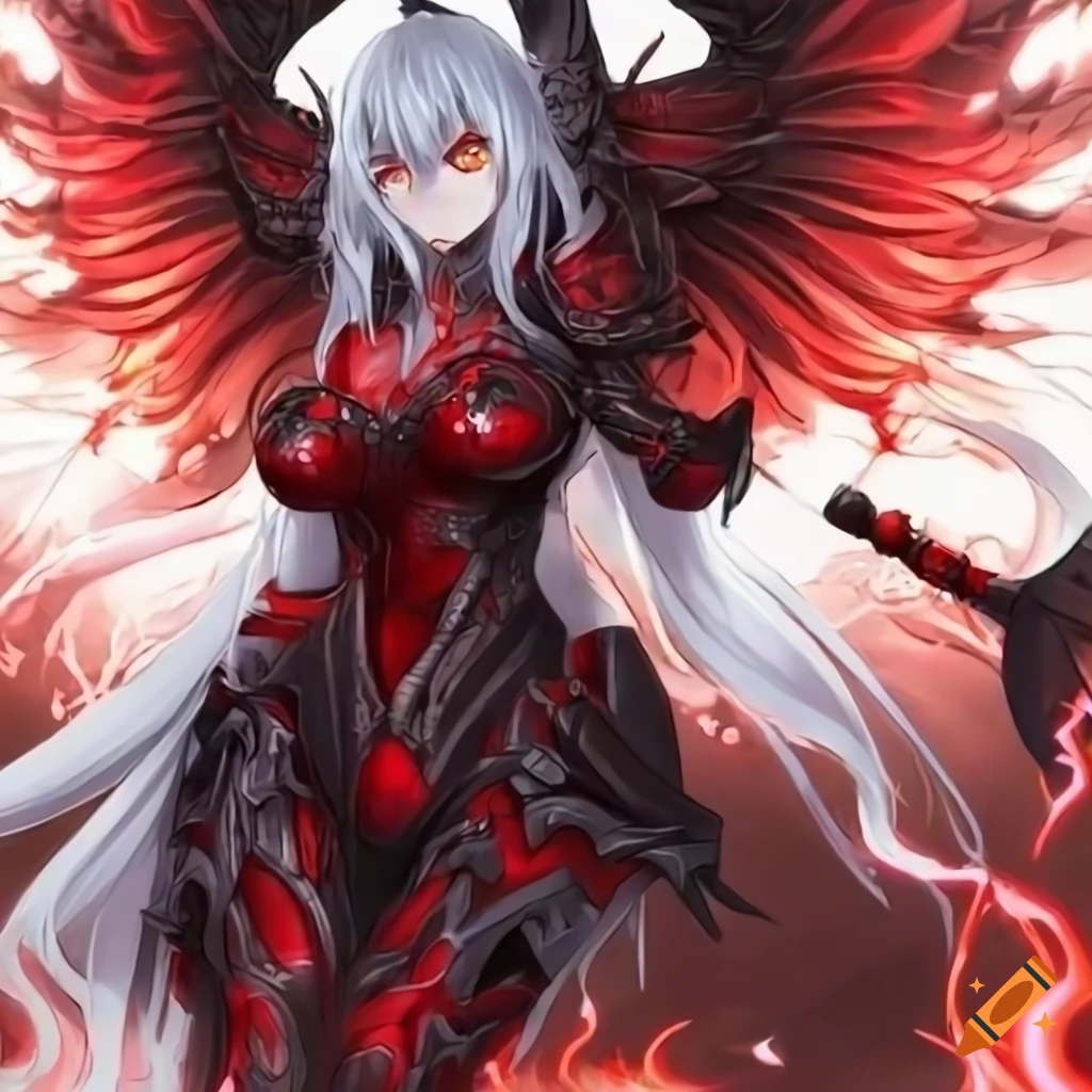Anime woman with white hair and demonic battle axe