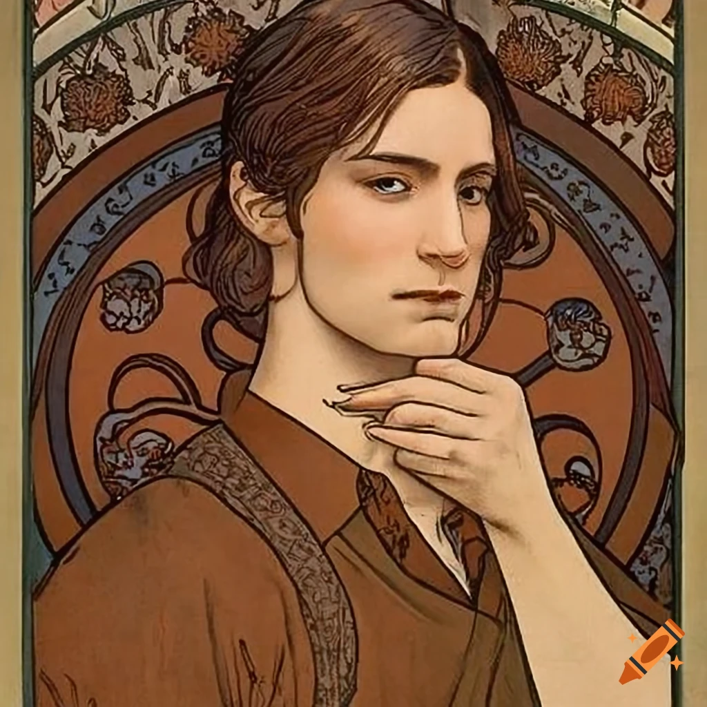 Portrait of a handsome European man with dark hair tied in a low ...