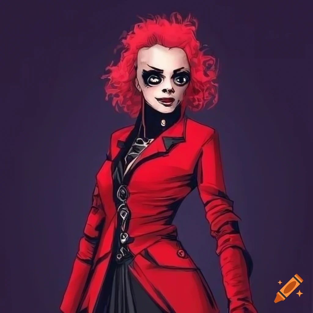 Punk style android Madame in a black and red coat in comic book art