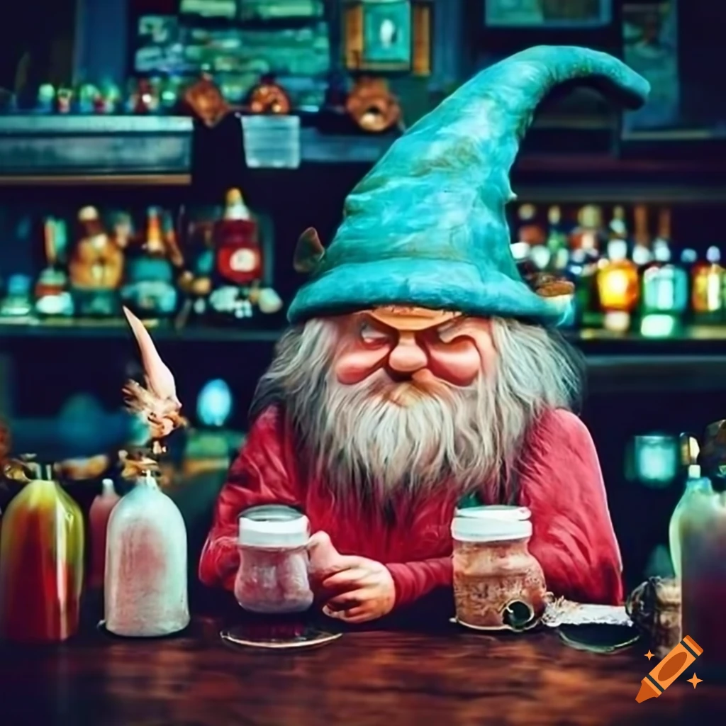 Wizard and gnomes chatting in a pub with colorful liquids in glass containers