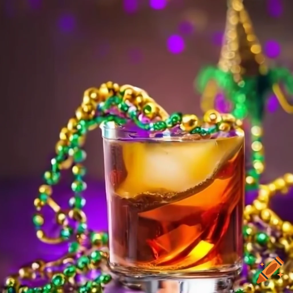Sazerac cocktail with Mardi Gras beads and background