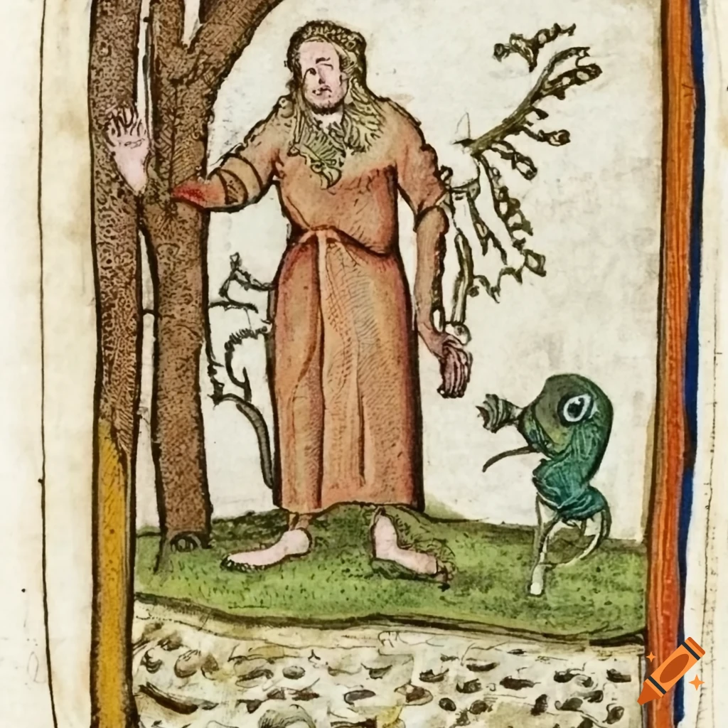 Medieval manuscript illustration of a male druid teaching tree beetle ...