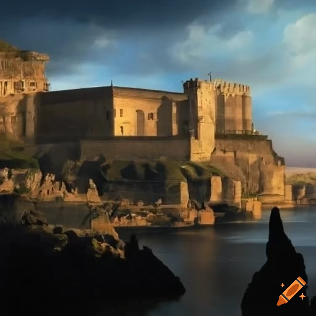 Vue of a very large fictional Roman city surrounded by imposing walls near the sea, with a temple and administrative buildings overlooking a large cliff in the middle