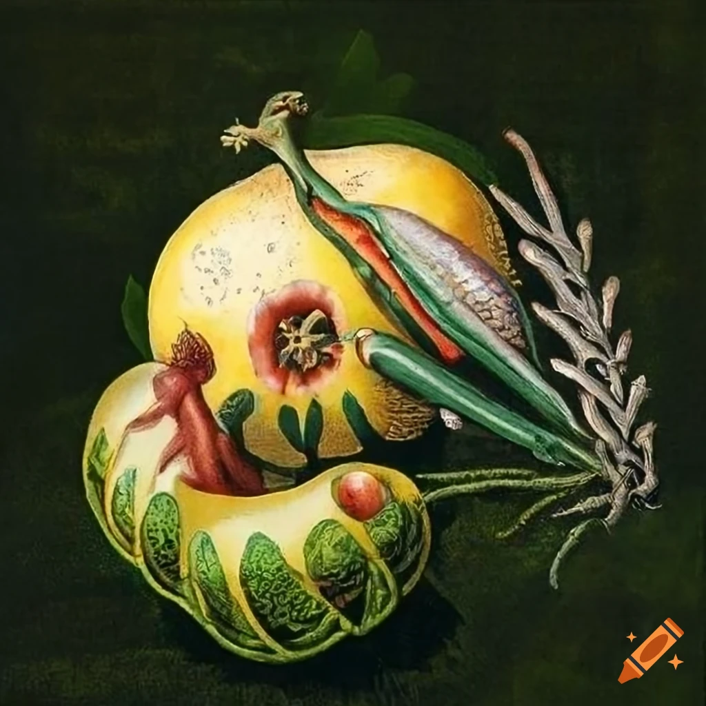 Scientific illustration of fruit and vegetable anatomy with Celtic patterns and totemic designs