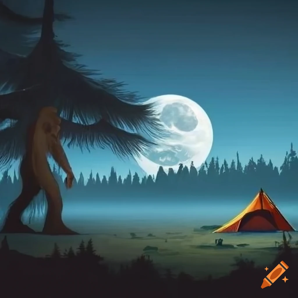 Two tents under moonlight with a bigfoot peeking from behind a tree