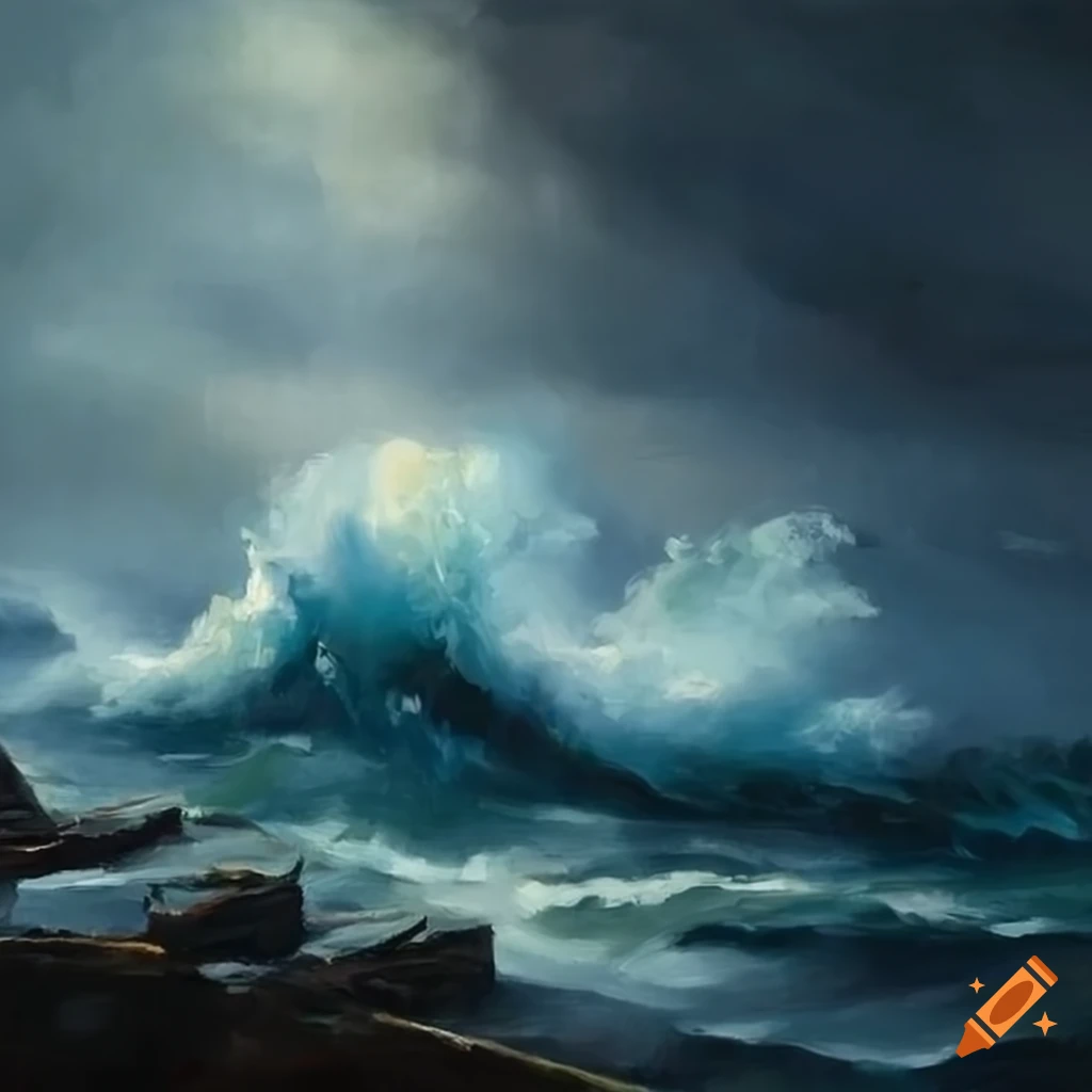 Stormy ocean crashing over a wooden dock in an epic oil painting on Craiyon