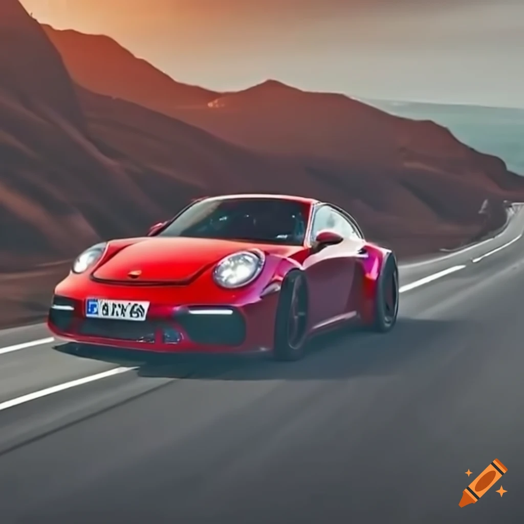 Red Porsche 911 speeding down the highway
