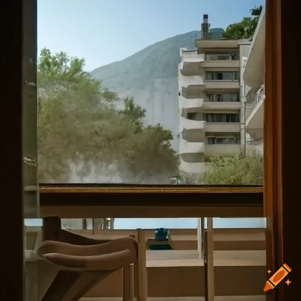 View of the modernist brutalist hotel entrance porch surrounded by Mediterranean nature during the daytime