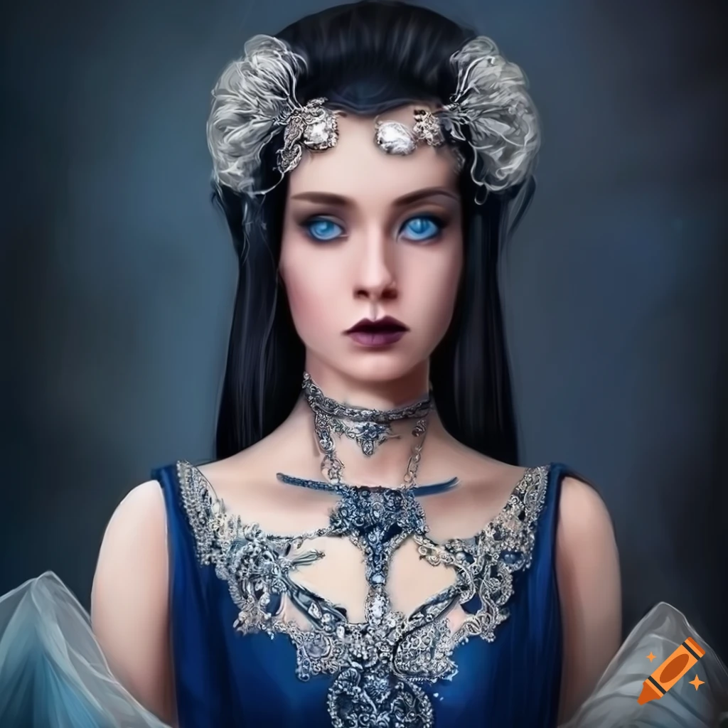 Medieval-inspired image of a woman in a blue evening dress with silver ...