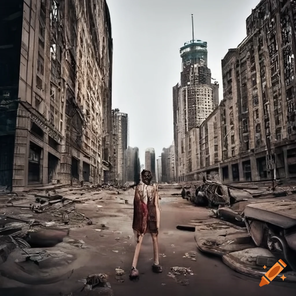 Post-apocalyptic urban wasteland with towering skyscrapers and abandoned vehicles
