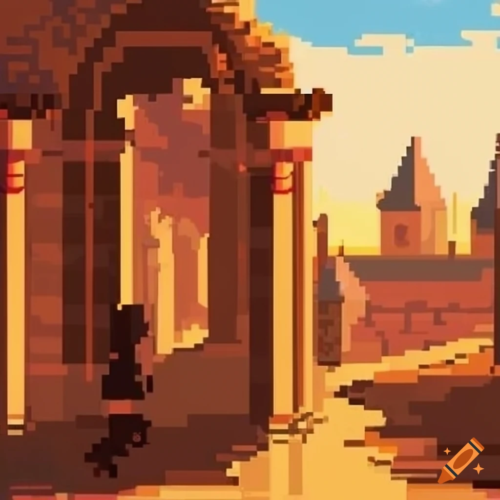 Gate to a Roman village in pixel art style by nostredame