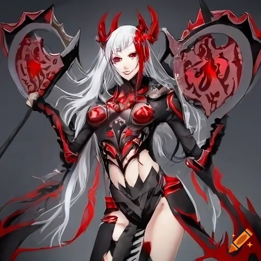 Anime woman with white hair and demonic battle axe in persona 5 style