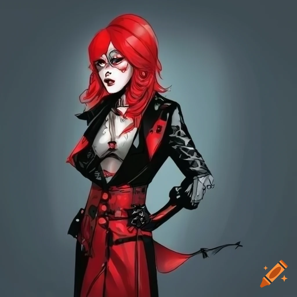 Punk style android madame in black and red coat in comic book art