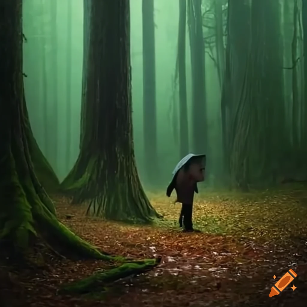 Young man named Alex lost in a rainy forest