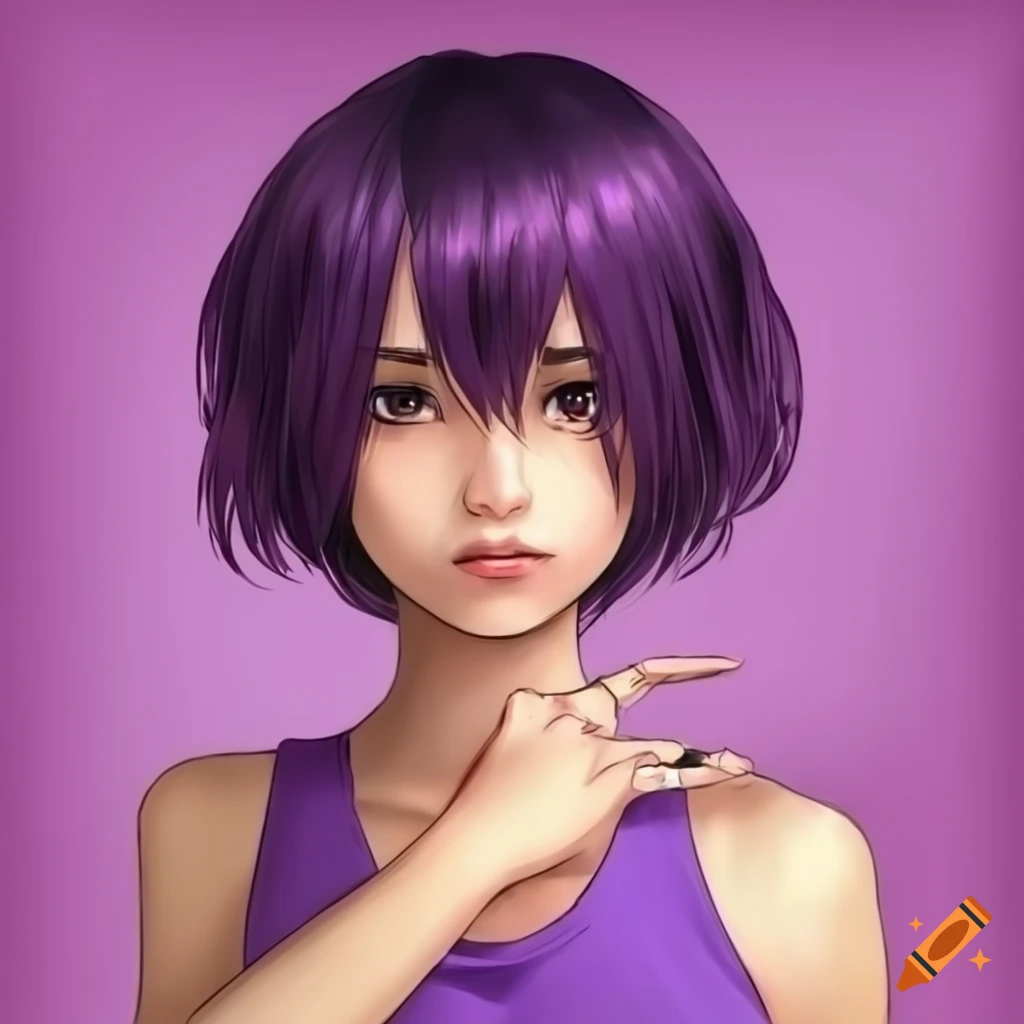 Anime Girl With Blunt Bangs And Short Hair Wearing A Purple Sleeveless T Shirt On Craiyon 9961