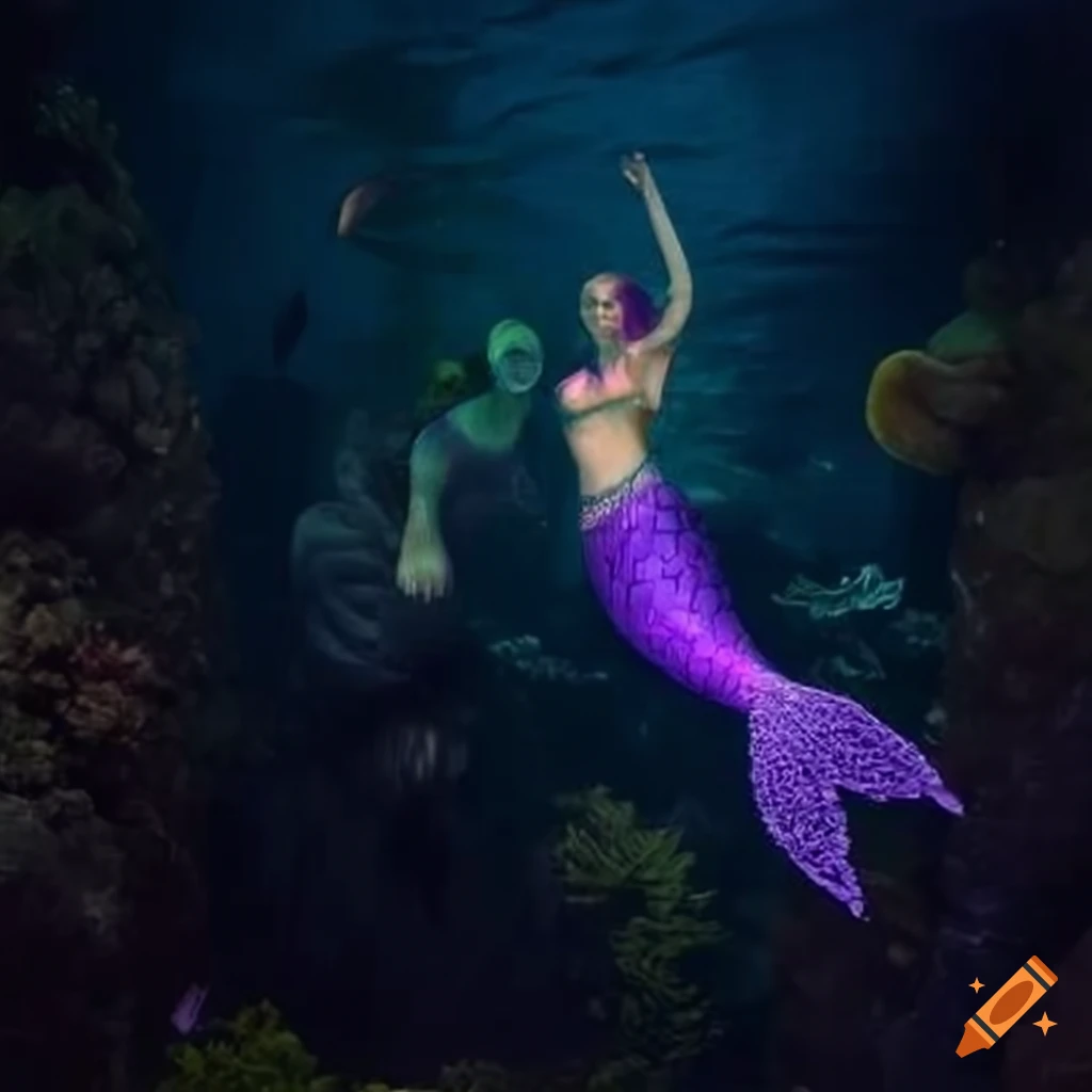 Two mermaid goddesses, The Protector and The Guardian, overlooking an iridescent coral reef